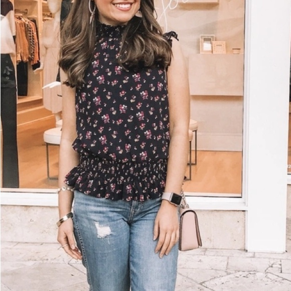 J. Crew Dark Blue Floral Sleeveless Smocked Ditsy Blouse